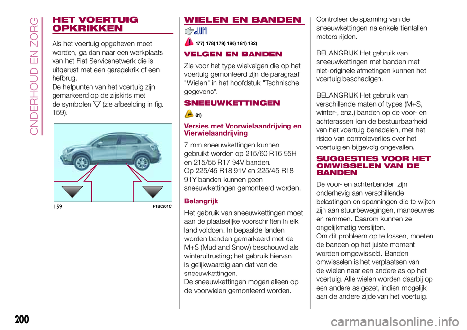 FIAT 500X 2017  Instructieboek (in Dutch) HET VOERTUIG
OPKRIKKEN
Als het voertuig opgeheven moet
worden, ga dan naar een werkplaats
van het Fiat Servicenetwerk die is
uitgerust met een garagekrik of een
hefbrug.
De hefpunten van het voertuig 