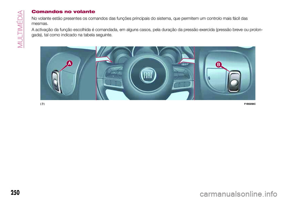 FIAT 500X 2017  Manual de Uso e Manutenção (in Portuguese) Comandos no volante
No volante estão presentes os comandos das funções principais do sistema, que permitem um controlo mais fácil das
mesmas.
A activação da função escolhida é comandada, em a