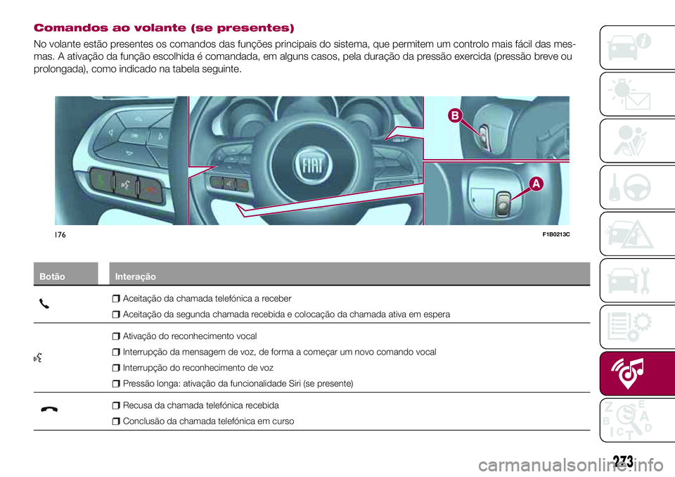 FIAT 500X 2017  Manual de Uso e Manutenção (in Portuguese) Comandos ao volante (se presentes)
No volante estão presentes os comandos das funções principais do sistema, que permitem um controlo mais fácil das mes-
mas. A ativação da função escolhida é