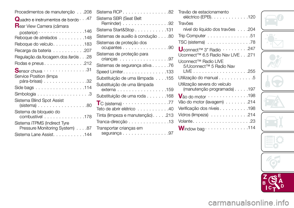 FIAT 500X 2017 Manual de Uso e Manutenção (in Portuguese) Procedimentos de manutenção . . .208
Quadro e instrumentos de bordo.......................47
Rear View Camera (câmara
posterior)................146
Reboque de atrelados.........148
Reboque do veíc FIAT 500X 2017 Manual de Uso e Manutenção (in Portuguese) Procedimentos de manutenção . . .208
Quadro e instrumentos de bordo.......................47
Rear View Camera (câmara
posterior)................146
Reboque de atrelados.........148
Reboque do veíc
