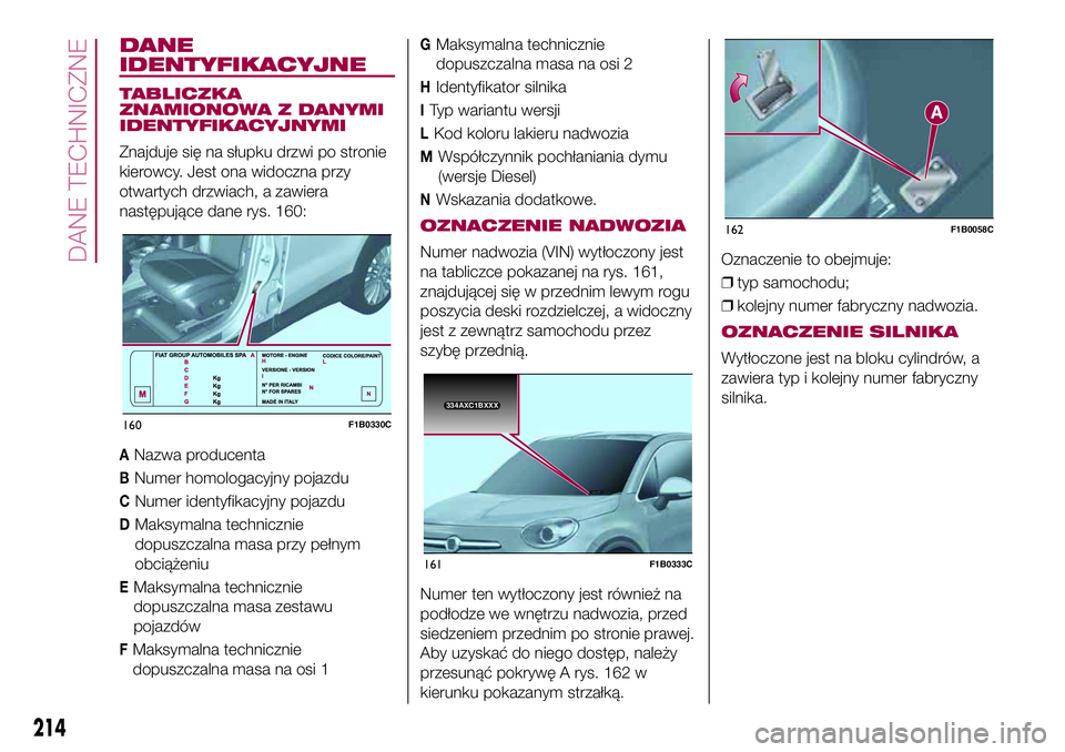 FIAT 500X 2017  Instrukcja obsługi (in Polish) DANE
IDENTYFIKACYJNE
TABLICZKA
ZNAMIONOWA Z DANYMI
IDENTYFIKACYJNYMI
Znajduje się na słupku drzwi po stronie
kierowcy. Jest ona widoczna przy
otwartych drzwiach, a zawiera
następujące dane rys. 16