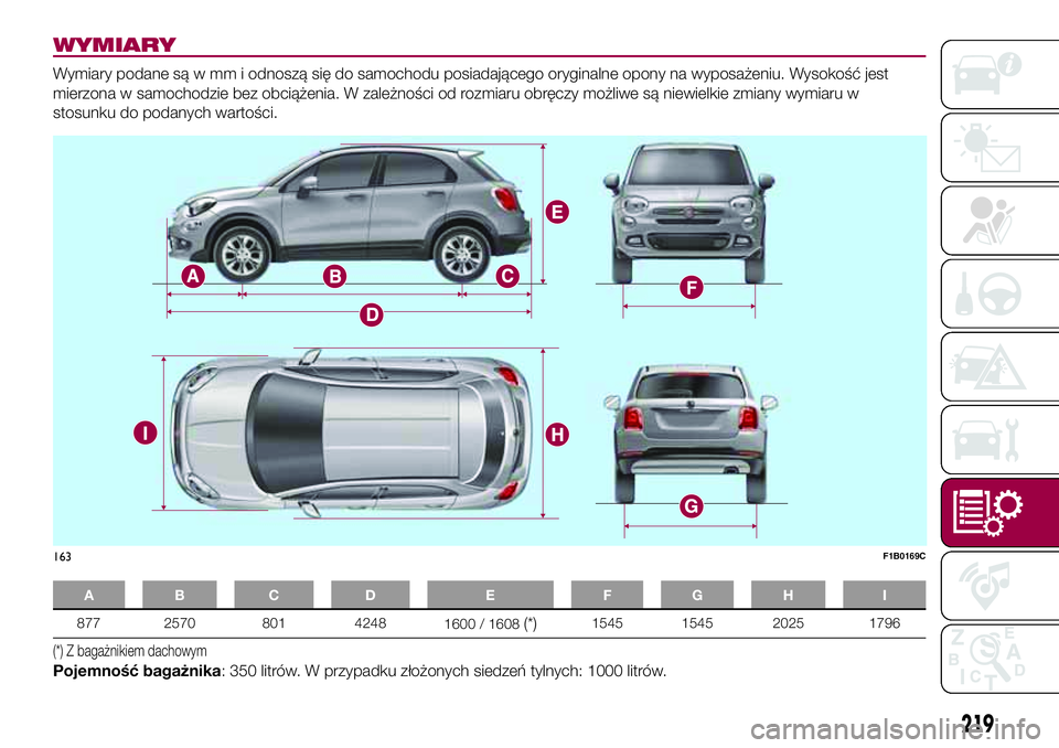 FIAT 500X 2017  Instrukcja obsługi (in Polish) WYMIARY
Wymiary podane są w mm i odnoszą się do samochodu posiadającego oryginalne opony na wyposażeniu. Wysokość jest
mierzona w samochodzie bez obciążenia. W zależności od rozmiaru obręc