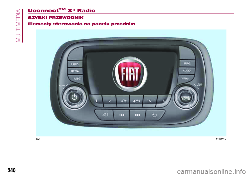 FIAT 500X 2017  Instrukcja obsługi (in Polish) UconnectTM3" Radio.
SZYBKI PRZEWODNIK
Elementy sterowania na panelu przednim
165F1B0001C
240
MULTIMEDIA 