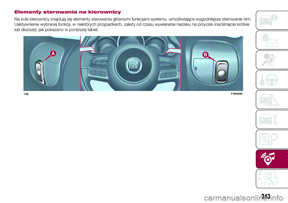 FIAT 500X 2017  Instrukcja obsługi (in Polish) Elementy sterowania na kierownicy
Na kole kierownicy znajdują się elementy sterowania głównymi funkcjami systemu, umożliwiające wygodniejsze sterowanie nim.
Uaktywnienie wybranej funkcji, w niek