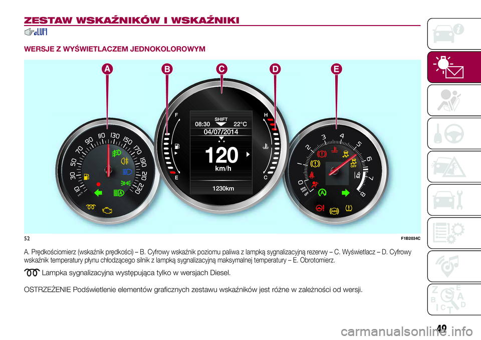FIAT 500X 2017  Instrukcja obsługi (in Polish) ZESTAW WSKAŹNIKÓW I WSKAŹNIKI
WERSJE Z WYŚWIETLACZEM JEDNOKOLOROWYM
A. Prędkościomierz (wskaźnik prędkości) – B. Cyfrowy wskaźnik poziomu paliwa z lampką sygnalizacyjną rezerwy – C. Wy