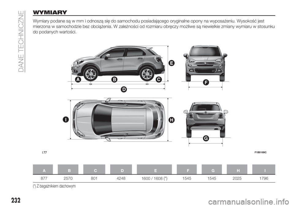 FIAT 500X 2018  Instrukcja obsługi (in Polish) WYMIARY
Wymiary podane są w mm i odnoszą się do samochodu posiadającego oryginalne opony na wyposażeniu. Wysokość jest
mierzona w samochodzie bez obciążenia. W zależności od rozmiaru obręc