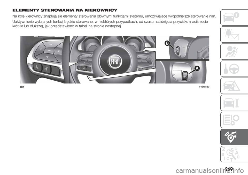 FIAT 500X 2018  Instrukcja obsługi (in Polish) ELEMENTY STEROWANIA NA KIEROWNICY
Na kole kierownicy znajdują się elementy sterowania głównymi funkcjami systemu, umożliwiające wygodniejsze sterowanie nim.
Uaktywnienie wybranych funkcji będzi