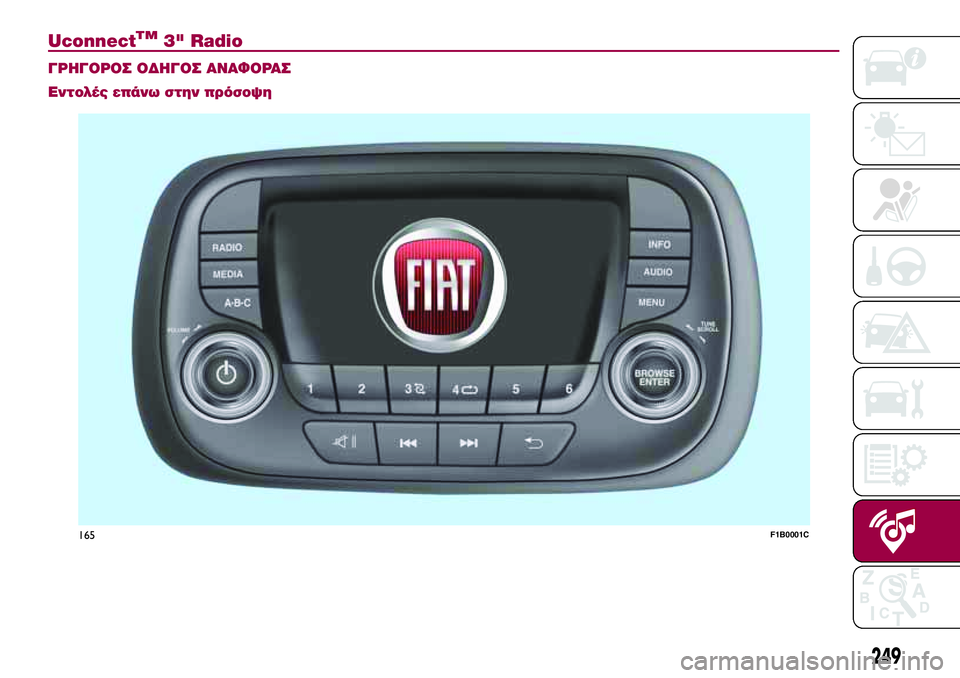 FIAT 500X 2017  ΒΙΒΛΙΟ ΧΡΗΣΗΣ ΚΑΙ ΣΥΝΤΗΡΗΣΗΣ (in Greek) UconnectTM3" Radio.
ΓΡΗΓΟΡΟΣ ΟΔΗΓΟΣ ΑΝΑΦΟΡΑΣ
Εντολές επάνω στην πρόσοψη
165F1B0001C
249 
