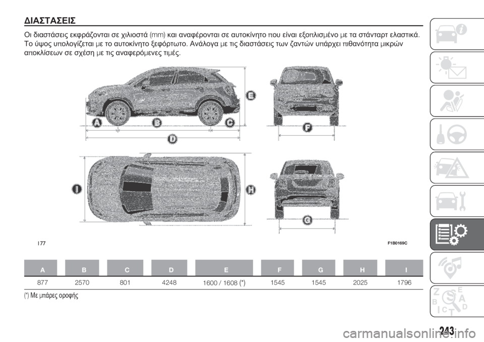 FIAT 500X 2018  ΒΙΒΛΙΟ ΧΡΗΣΗΣ ΚΑΙ ΣΥΝΤΗΡΗΣΗΣ (in Greek) ΔΙΑΣΤΑΣΕΙΣ
Οι διαστάσεις εκφράζονται σε χιλιοστά(mm)και αναφέρονται σε αυτοκίνητοπου είναι εξοπλισμένομε τα 
