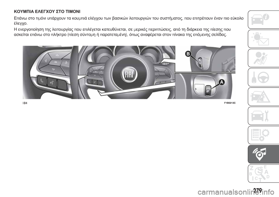 FIAT 500X 2018  ΒΙΒΛΙΟ ΧΡΗΣΗΣ ΚΑΙ ΣΥΝΤΗΡΗΣΗΣ (in Greek) ΚΟΥΜΠΙΑ ΕΛΕΓΧΟΥ ΣΤΟ ΤΙΜΟΝΙ
Επάνω στο τιμόνι υπάρχουν τα κουμπιά ελέγχου των βασικών λειτουργιών του συστήμα