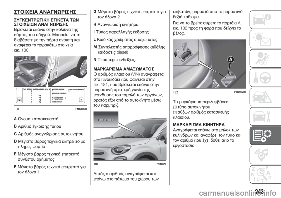 FIAT 500X 2019 ΒΙΒΛΙΟ ΧΡΗΣΗΣ ΚΑΙ ΣΥΝΤΗΡΗΣΗΣ (in Greek) ΣΤΟΙΧΕΙΑ ΑΝΑΓΝΩΡΙΣΗΣ
ΣΥΓΚΕΝΤΡΩΤΙΚΗ ΕΤΙΚΕΤΑ ΤΩΝ
ΣΤΟΙΧΕΙΩΝ ΑΝΑΓΝΩΡΙΣΗΣ
Βρίσκεται επάνω στην κολώνα της
πόρτα FIAT 500X 2019 ΒΙΒΛΙΟ ΧΡΗΣΗΣ ΚΑΙ ΣΥΝΤΗΡΗΣΗΣ (in Greek) ΣΤΟΙΧΕΙΑ ΑΝΑΓΝΩΡΙΣΗΣ
ΣΥΓΚΕΝΤΡΩΤΙΚΗ ΕΤΙΚΕΤΑ ΤΩΝ
ΣΤΟΙΧΕΙΩΝ ΑΝΑΓΝΩΡΙΣΗΣ
Βρίσκεται επάνω στην κολώνα της
πόρτα