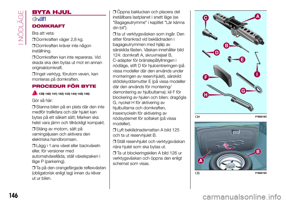 FIAT 500X 2017  Drift- och underhållshandbok (in Swedish) BYTA HJUL
DOMKRAFT
Bra att veta:
❒Domkraften väger 2,8 kg.
❒Domkraften kräver inte någon
inställning.
❒Domkraften kan inte repareras. Vid
skada ska den bytas ut mot en annan
originaldomkraft