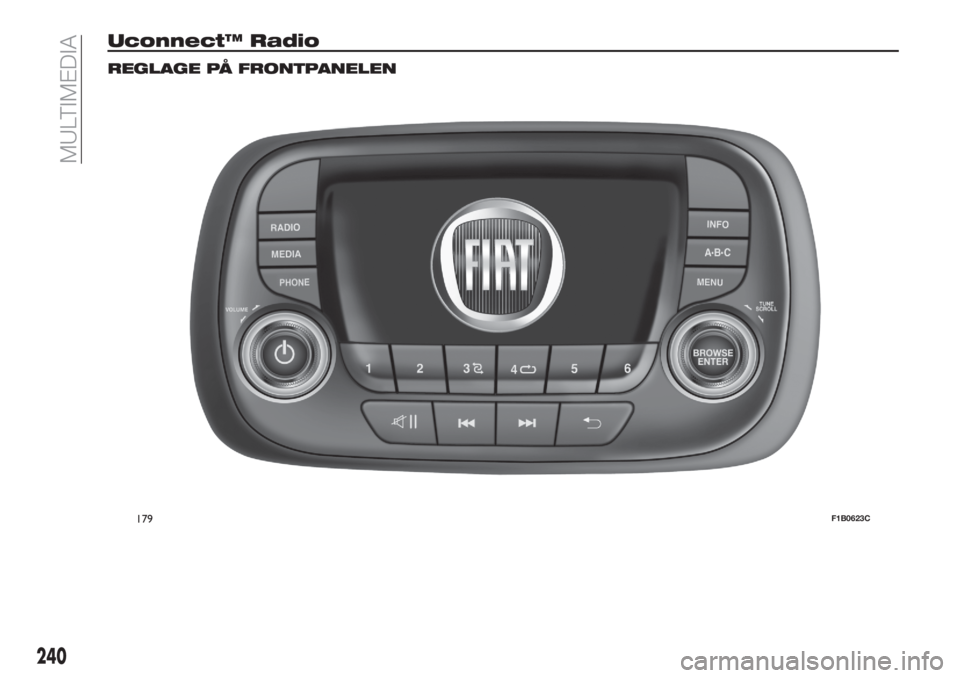 FIAT 500X 2018  Drift- och underhållshandbok (in Swedish) Uconnect™ Radio
REGLAGE PÅ FRONTPANELEN
179F1B0623C
240
MULTIMEDIA 
