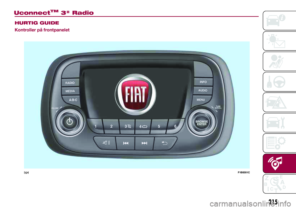 FIAT 500X 2017  Drift- og vedlikeholdshåndbok (in Norwegian) HURTIG GUIDE
Kontroller på frontpanelet
164F1B0001C
215
UconnectTM3" Radio 