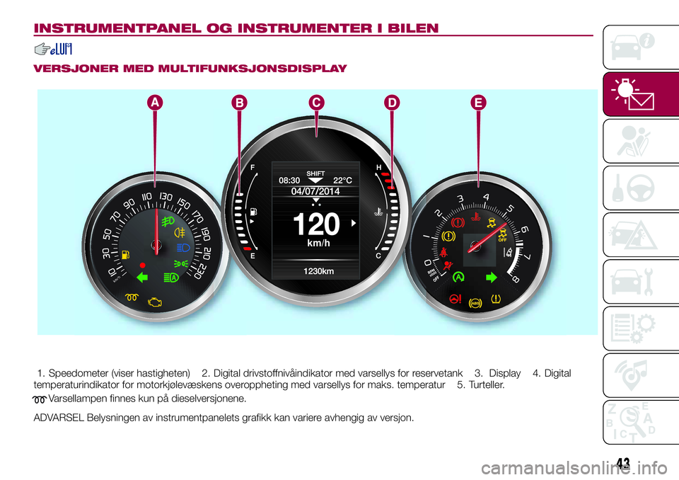 FIAT 500X 2017  Drift- og vedlikeholdshåndbok (in Norwegian) INSTRUMENTPANEL OG INSTRUMENTER I BILEN
VERSJONER MED MULTIFUNKSJONSDISPLAY
1. Speedometer (viser hastigheten) 2. Digital drivstoffnivåindikator med varsellys for reservetank 3. Display 4. Digital
te