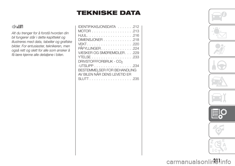 FIAT 500X 2019  Drift- og vedlikeholdshåndbok (in Norwegian) TEKNISKE DATA
Alt du trenger for å forstå hvordan din
bil fungerer står i dette kapittelet og
illustreres med data, tabeller og grafiske
bilder. For entusiaster, teknikeren, men
også rett og slett