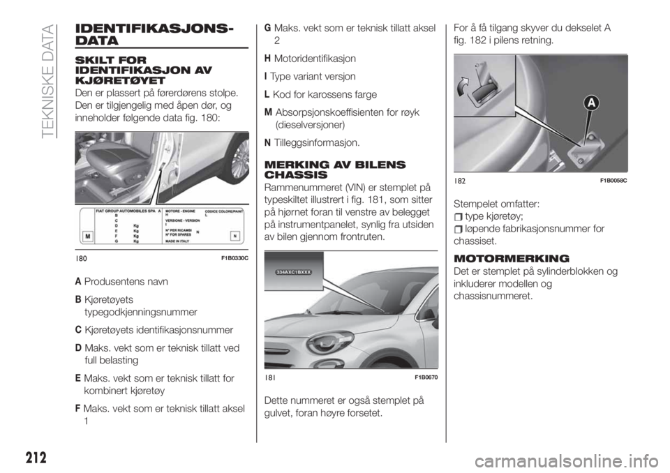 FIAT 500X 2019  Drift- og vedlikeholdshåndbok (in Norwegian) IDENTIFIKASJONS-
DATA
SKILT FOR
IDENTIFIKASJON AV
KJØRETØYET
Den er plassert på førerdørens stolpe.
Den er tilgjengelig med åpen dør, og
inneholder følgende data fig. 180:
AProdusentens navn
B