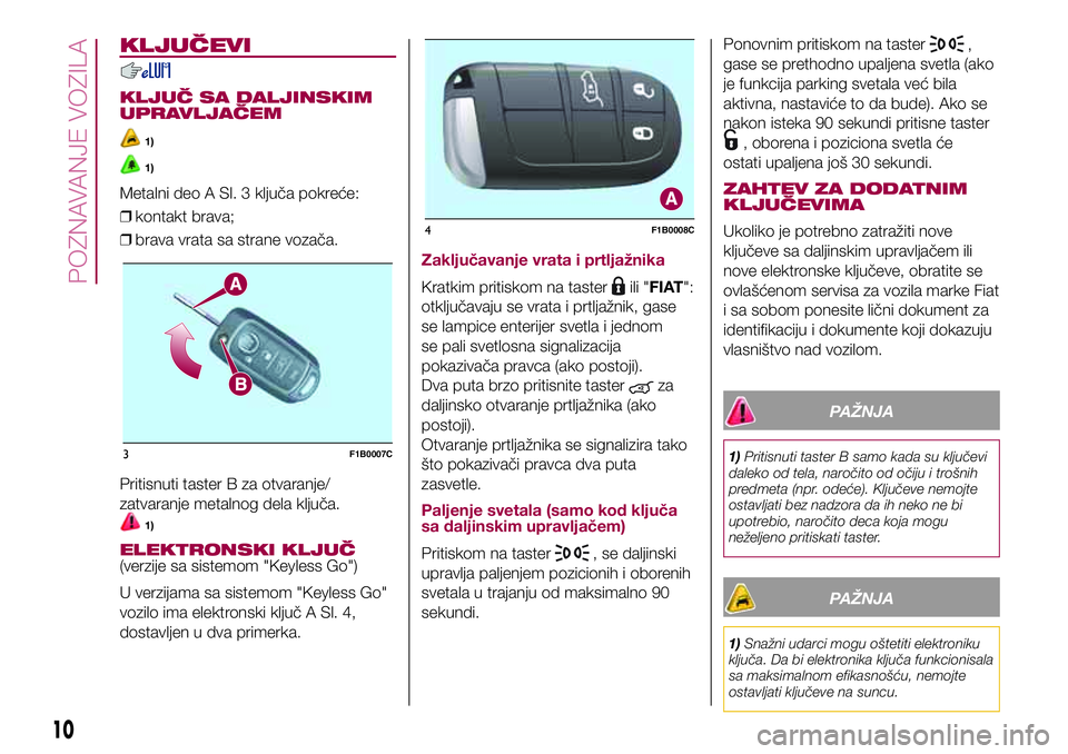 FIAT 500X 2017 Knjižica za upotrebu i održavanje (in Serbian) KLJUČEVI
KLJUČ SA DALJINSKIM
UPRAVLJAČEM
1)
1)
Metalni deo A Sl. 3 ključa pokreće:
❒kontakt brava;
❒brava vrata sa strane vozača.
Pritisnuti taster B za otvaranje/
zatvaranje metalnog dela k FIAT 500X 2017 Knjižica za upotrebu i održavanje (in Serbian) KLJUČEVI
KLJUČ SA DALJINSKIM
UPRAVLJAČEM
1)
1)
Metalni deo A Sl. 3 ključa pokreće:
❒kontakt brava;
❒brava vrata sa strane vozača.
Pritisnuti taster B za otvaranje/
zatvaranje metalnog dela k
