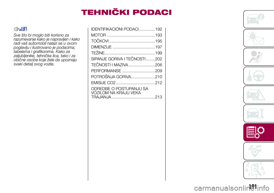 FIAT 500X 2017  Knjižica za upotrebu i održavanje (in Serbian) TEHNIČKI PODACI
Sve što bi moglo biti korisno za
razumevanje kako je napravljen i kako
radi vaš automobil nalazi se u ovom
poglavlju i ilustrovano je podacima,
tabelama i grafikonima. Kako za
zalju