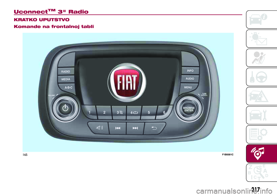FIAT 500X 2017  Knjižica za upotrebu i održavanje (in Serbian) UconnectTM3" Radio.
KRATKO UPUTSTVO
Komande na frontalnoj tabli
165F1B0001C
217 