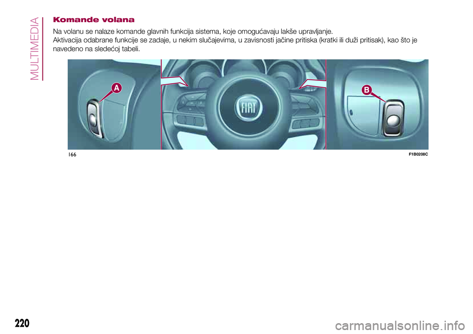 FIAT 500X 2017  Knjižica za upotrebu i održavanje (in Serbian) Komande volana
Na volanu se nalaze komande glavnih funkcija sistema, koje omogućavaju lakše upravljanje.
Aktivacija odabrane funkcije se zadaje, u nekim slučajevima, u zavisnosti jačine pritiska (