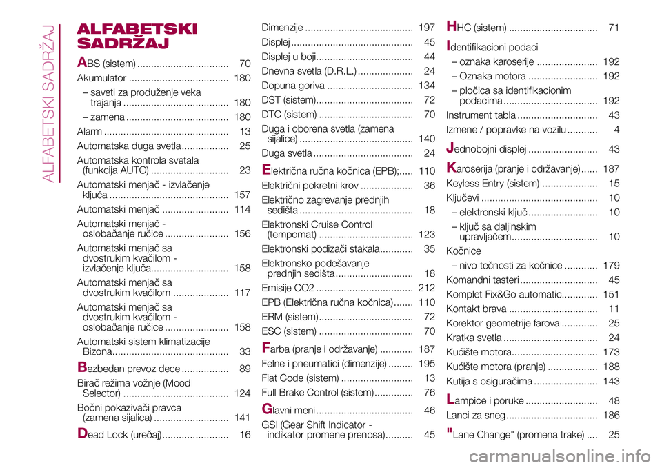 FIAT 500X 2017  Knjižica za upotrebu i održavanje (in Serbian) ALFABETSKI
SADRŽAJ
A
BS (sistem) ................................. 70
Akumulator .................................... 180
– saveti za produženje veka
trajanja .....................................