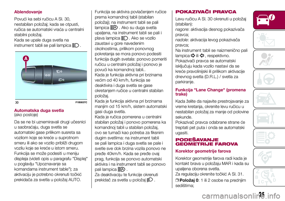 FIAT 500X 2017  Knjižica za upotrebu i održavanje (in Serbian) Ablendovanje
Povući ka sebi ručicu A Sl. 30,
nestabilan položaj; kada se otpusti,
ručica se automatski vraća u centralni
stabilni položaj.
Kada se upale duga svetla na
instrument tabli se pali l