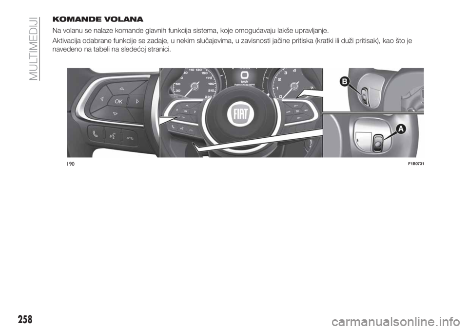 FIAT 500X 2019  Knjižica za upotrebu i održavanje (in Serbian) KOMANDE VOLANA
Na volanu se nalaze komande glavnih funkcija sistema, koje omogućavaju lakše upravljanje.
Aktivacija odabrane funkcije se zadaje, u nekim slučajevima, u zavisnosti jačine pritiska (