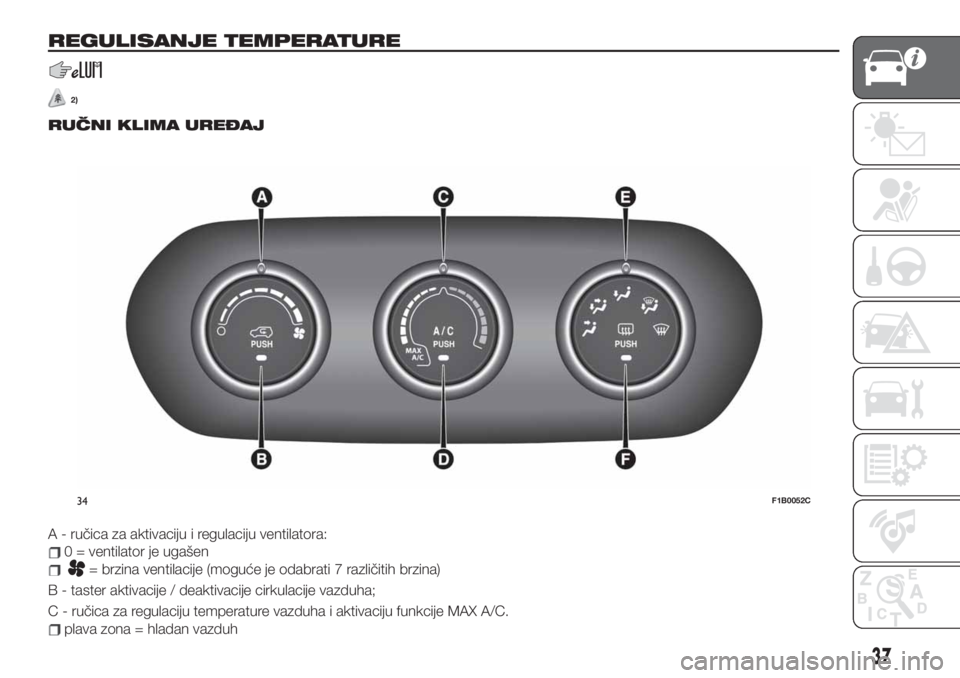 FIAT 500X 2019  Knjižica za upotrebu i održavanje (in Serbian) REGULISANJE TEMPERATURE
2)
RUČNI KLIMA UREĐAJ
A - ručica za aktivaciju i regulaciju ventilatora:
0 = ventilator je ugašen
= brzina ventilacije (moguće je odabrati 7 različitih brzina)
B - taster