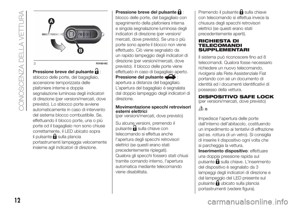 FIAT 500L 2019 Libretto Uso Manutenzione (in Italian) Pressione breve del pulsante:
sblocco delle porte, del bagagliaio,
accensione temporizzata delle
plafoniere interne e doppia
segnalazione luminosa degli indicatori
di direzione (per versioni/mercati, FIAT 500L 2019 Libretto Uso Manutenzione (in Italian) Pressione breve del pulsante:
sblocco delle porte, del bagagliaio,
accensione temporizzata delle
plafoniere interne e doppia
segnalazione luminosa degli indicatori
di direzione (per versioni/mercati,