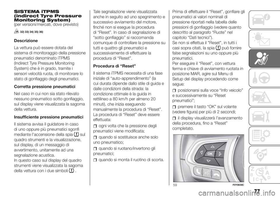 FIAT 500L 2019 Libretto Uso Manutenzione (in Italian) SISTEMA iTPMS
(indirect Tyre Pressure
Monitoring System)
(per versioni/mercati, dove previsto)
32) 33) 34) 35) 36)
Descrizione
La vettura può essere dotata del
sistema di monitoraggio della pressione FIAT 500L 2019 Libretto Uso Manutenzione (in Italian) SISTEMA iTPMS
(indirect Tyre Pressure
Monitoring System)
(per versioni/mercati, dove previsto)
32) 33) 34) 35) 36)
Descrizione
La vettura può essere dotata del
sistema di monitoraggio della pressione