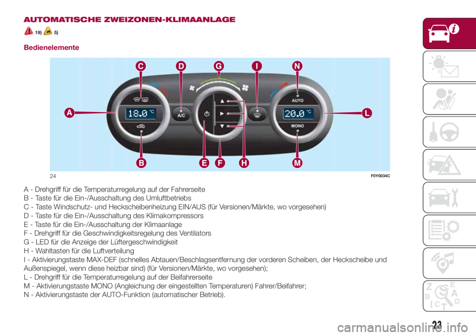 FIAT 500L 2018  Betriebsanleitung (in German) AUTOMATISCHE ZWEIZONEN-KLIMAANLAGE
19)5)
Bedienelemente
A - Drehgriff für die Temperaturregelung auf der Fahrerseite
B - Taste für die Ein-/Ausschaltung des Umluftbetriebs
C - Taste Windschutz- und 
