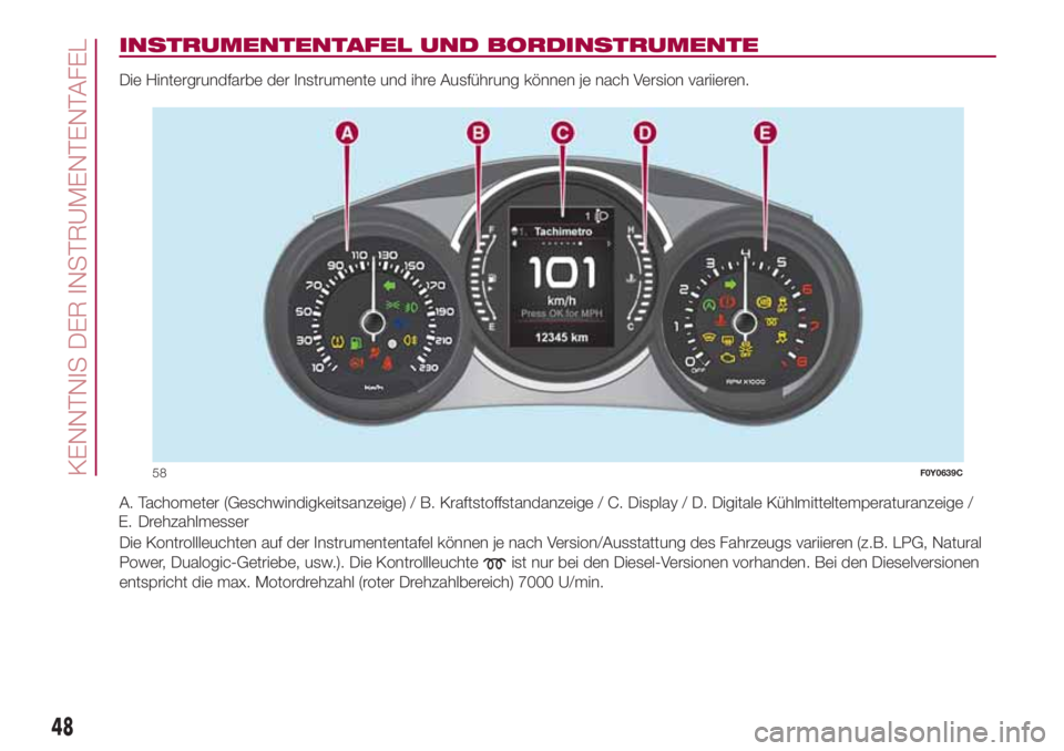 FIAT 500L 2018  Betriebsanleitung (in German) INSTRUMENTENTAFEL UND BORDINSTRUMENTE
Die Hintergrundfarbe der Instrumente und ihre Ausführung können je nach Version variieren.
A. Tachometer (Geschwindigkeitsanzeige) / B. Kraftstoffstandanzeige /