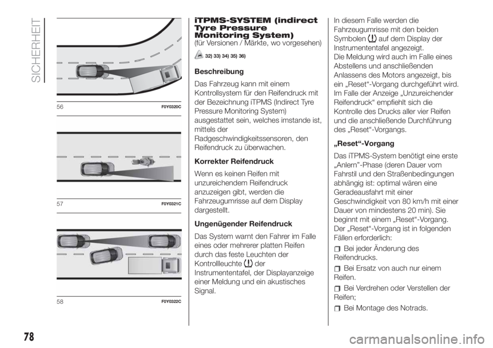 FIAT 500L 2019 Betriebsanleitung (in German) iTPMS-SYSTEM (indirect
Tyre Pressure
Monitoring System)
(für Versionen / Märkte, wo vorgesehen)
32) 33) 34) 35) 36)
Beschreibung
Das Fahrzeug kann mit einem
Kontrollsystem für den Reifendruck mit
d FIAT 500L 2019 Betriebsanleitung (in German) iTPMS-SYSTEM (indirect
Tyre Pressure
Monitoring System)
(für Versionen / Märkte, wo vorgesehen)
32) 33) 34) 35) 36)
Beschreibung
Das Fahrzeug kann mit einem
Kontrollsystem für den Reifendruck mit
d