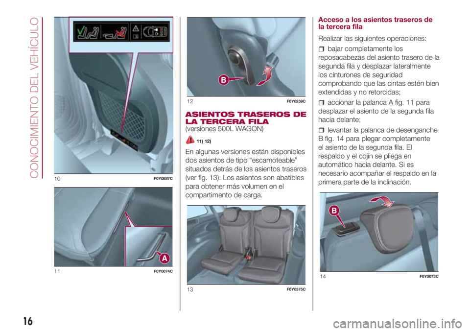 FIAT 500L 2018  Manual de Empleo y Cuidado (in Spanish) ASIENTOS TRASEROS DE
LA TERCERA FILA
(versiones 500L WAGON)
11) 12)
En algunas versiones están disponibles
dos asientos de tipo “escamoteable”
situados detrás de los asientos traseros
(ver fig. 
