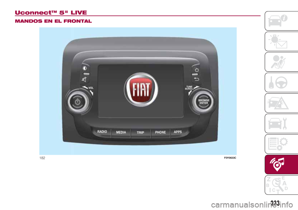 FIAT 500L 2018  Manual de Empleo y Cuidado (in Spanish) Uconnect™ 5" LIVE.
MANDOS EN EL FRONTAL
182F0Y0633C
233 
