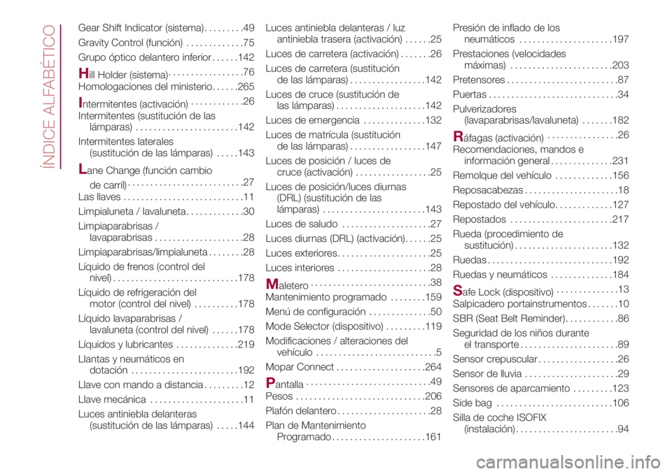 FIAT 500L 2018  Manual de Empleo y Cuidado (in Spanish) Gear Shift Indicator (sistema).........49
Gravity Control (función).............75
Grupo óptico delantero inferior......142
Hill Holder (sistema).................76
Homologaciones del ministerio....