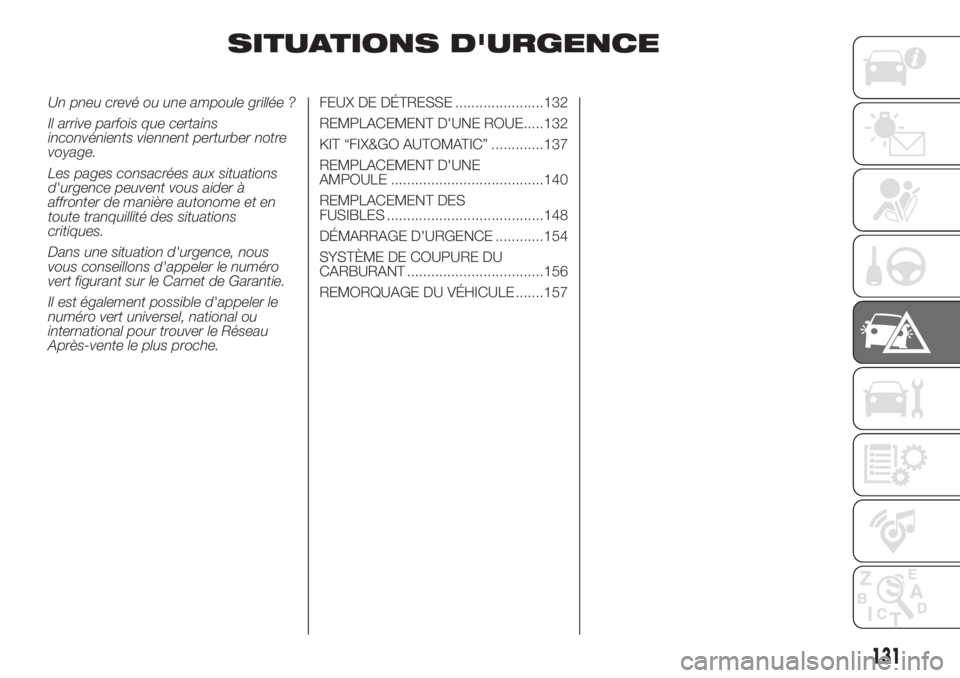 FIAT 500L 2019  Notice dentretien (in French) SITUATIONS D'URGENCE
Un pneu crevé ou une ampoule grillée ?
Il arrive parfois que certains
inconvénients viennent perturber notre
voyage.
Les pages consacrées aux situations
d'urgence peuv