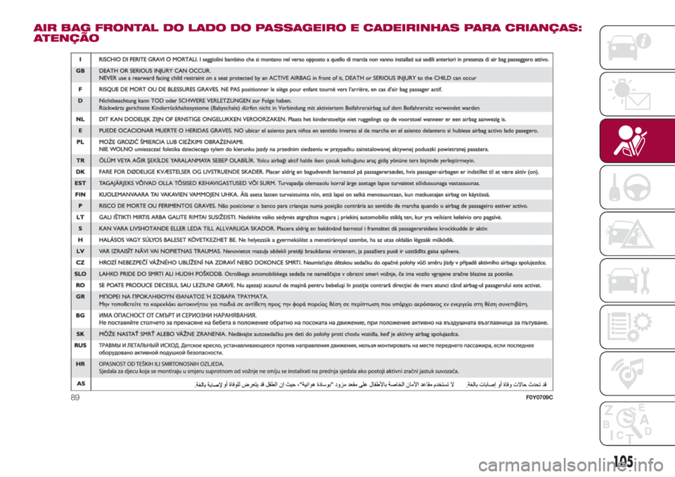 FIAT 500L 2018  Manual de Uso e Manutenção (in Portuguese) AIR BAG FRONTAL DO LADO DO PASSAGEIRO E CADEIRINHAS PARA CRIANÇAS:
ATENÇÃO
89F0Y0709C
105 