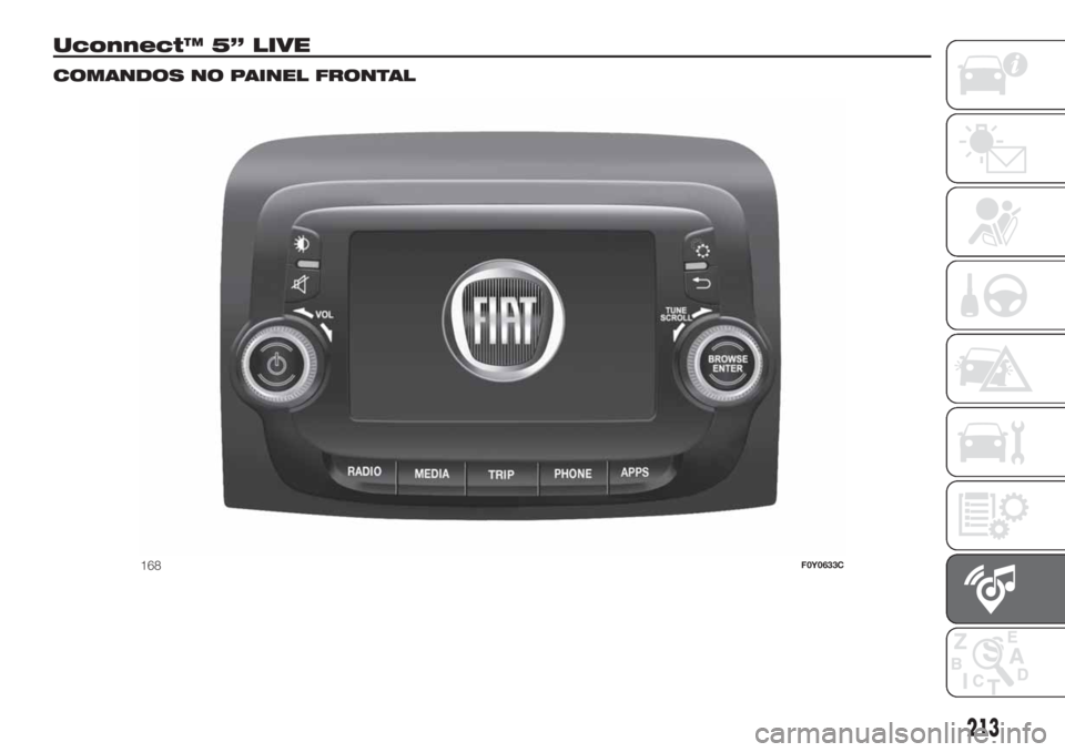 FIAT 500L 2019  Manual de Uso e Manutenção (in Portuguese) Uconnect™ 5” LIVE.
COMANDOS NO PAINEL FRONTAL
168F0Y0633C
213 