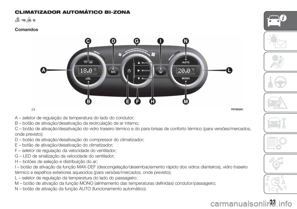 FIAT 500L 2019 Manual de Uso e Manutenção (in Portuguese) CLIMATIZADOR AUTOMÁTICO BI-ZONA
19)5)
Comandos
A – seletor de regulação da temperatura do lado do condutor;
B – botão de ativação/desativação da recirculação de ar interno;
C – botão FIAT 500L 2019 Manual de Uso e Manutenção (in Portuguese) CLIMATIZADOR AUTOMÁTICO BI-ZONA
19)5)
Comandos
A – seletor de regulação da temperatura do lado do condutor;
B – botão de ativação/desativação da recirculação de ar interno;
C – botão