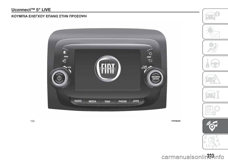 FIAT 500L 2019  ΒΙΒΛΙΟ ΧΡΗΣΗΣ ΚΑΙ ΣΥΝΤΗΡΗΣΗΣ (in Greek) Uconnect™ 5" LIVE.
ΚΟΥΜΠΙΑ ΕΛΕΓΧΟΥ ΕΠΑΝΩΣΤΗΝ ΠΡΟΣΟΨΗ
168F0Y0633C
223 