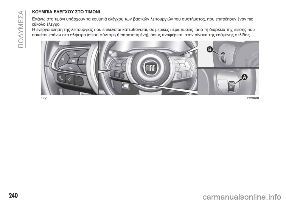 FIAT 500L 2019  ΒΙΒΛΙΟ ΧΡΗΣΗΣ ΚΑΙ ΣΥΝΤΗΡΗΣΗΣ (in Greek) ΚΟΥΜΠΙΑ ΕΛΕΓΧΟΥ ΣΤΟ ΤΙΜΟΝΙ
Επάνω στο τιμόνι υπάρχουν τα κουμπιά ελέγχου των βασικών λειτουργιών του συστήμα