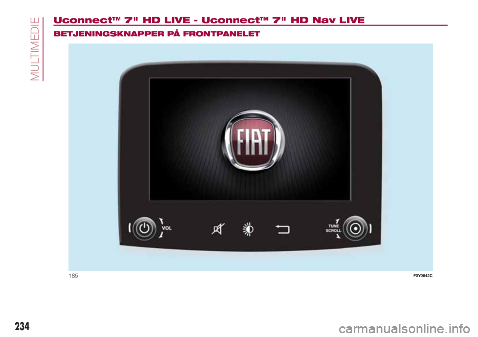 FIAT 500L 2018  Brugs- og vedligeholdelsesvejledning (in Danish) Uconnect™ 7" HD LIVE - Uconnect™ 7" HD Nav LIVE.
BETJENINGSKNAPPER PÅ FRONTPANELET
185F0Y0642C
234
MULTIMEDIE 