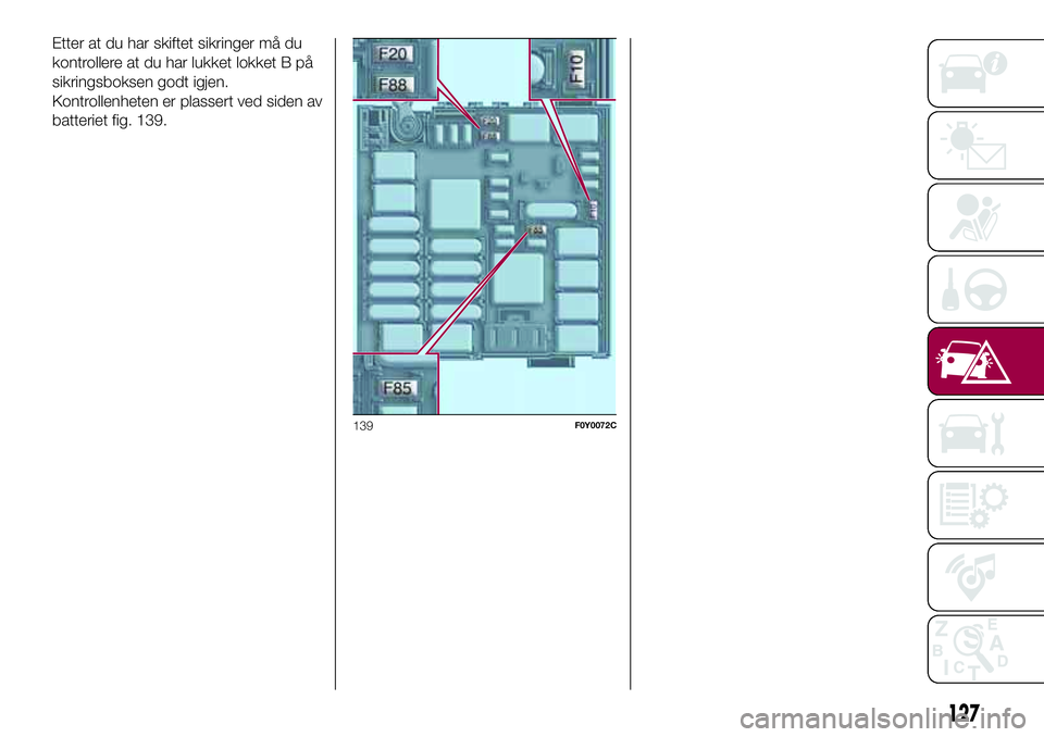 FIAT 500L 2018  Drift- og vedlikeholdshåndbok (in Norwegian) Etter at du har skiftet sikringer må du
kontrollere at du har lukket lokket B på
sikringsboksen godt igjen.
Kontrollenheten er plassert ved siden av
batteriet fig. 139.
139F0Y0072C
127 