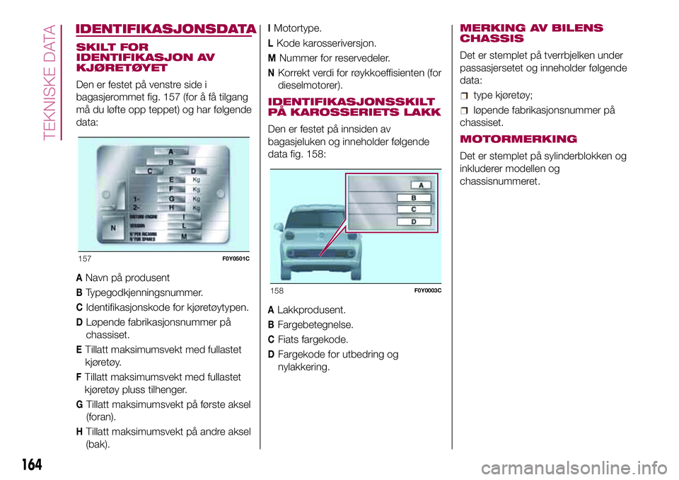 FIAT 500L 2018  Drift- og vedlikeholdshåndbok (in Norwegian) IDENTIFIKASJONSDATA
SKILT FOR
IDENTIFIKASJON AV
KJØRETØYET
Den er festet på venstre side i
bagasjerommet fig. 157 (for å få tilgang
må du løfte opp teppet) og har følgende
data:
ANavn på prod FIAT 500L 2018  Drift- og vedlikeholdshåndbok (in Norwegian) IDENTIFIKASJONSDATA
SKILT FOR
IDENTIFIKASJON AV
KJØRETØYET
Den er festet på venstre side i
bagasjerommet fig. 157 (for å få tilgang
må du løfte opp teppet) og har følgende
data:
ANavn på prod