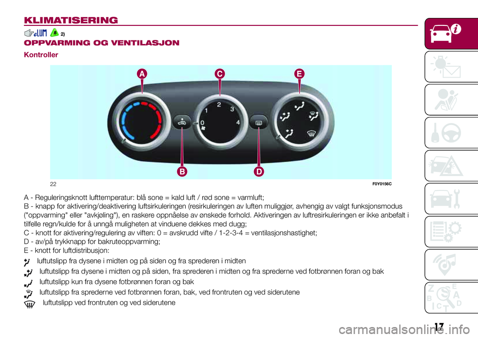 FIAT 500L 2018  Drift- og vedlikeholdshåndbok (in Norwegian) KLIMATISERING
2).
OPPVARMING OG VENTILASJON
Kontroller
A - Reguleringsknott lufttemperatur: blå sone = kald luft / rød sone = varmluft;
B - knapp for aktivering/deaktivering luftsirkuleringen (resir FIAT 500L 2018  Drift- og vedlikeholdshåndbok (in Norwegian) KLIMATISERING
2).
OPPVARMING OG VENTILASJON
Kontroller
A - Reguleringsknott lufttemperatur: blå sone = kald luft / rød sone = varmluft;
B - knapp for aktivering/deaktivering luftsirkuleringen (resir
