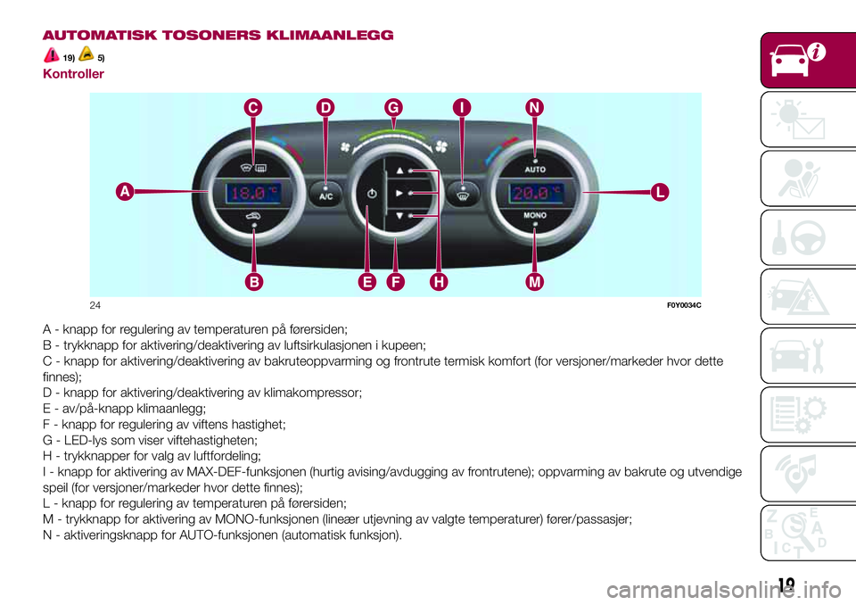 FIAT 500L 2018  Drift- og vedlikeholdshåndbok (in Norwegian) AUTOMATISK TOSONERS KLIMAANLEGG
19)5)
Kontroller
A - knapp for regulering av temperaturen på førersiden;
B - trykknapp for aktivering/deaktivering av luftsirkulasjonen i kupeen;
C - knapp for aktive