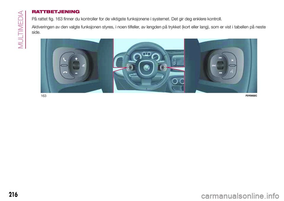 FIAT 500L 2018  Drift- og vedlikeholdshåndbok (in Norwegian) RATTBETJENING
På rattet fig. 163 finner du kontroller for de viktigste funksjonene i systemet. Det gir deg enklere kontroll.
Aktiveringen av den valgte funksjonen styres, i noen tilfeller, av lengden