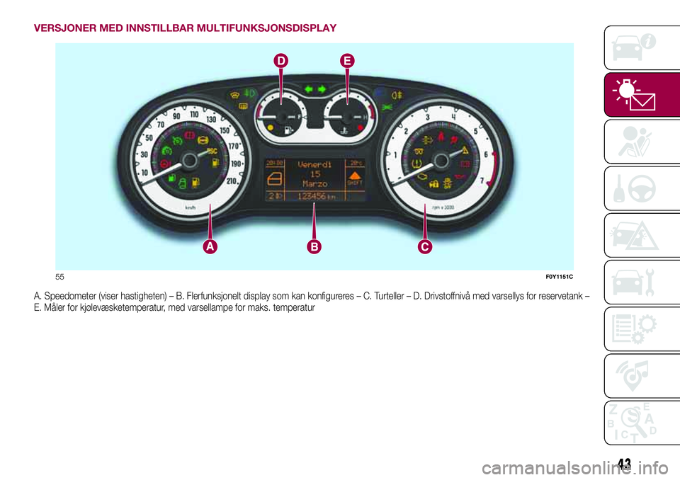 FIAT 500L 2018  Drift- og vedlikeholdshåndbok (in Norwegian) VERSJONER MED INNSTILLBAR MULTIFUNKSJONSDISPLAY
A. Speedometer (viser hastigheten) – B. Flerfunksjonelt display som kan konfigureres – C. Turteller – D. Drivstoffnivå med varsellys for reservet FIAT 500L 2018  Drift- og vedlikeholdshåndbok (in Norwegian) VERSJONER MED INNSTILLBAR MULTIFUNKSJONSDISPLAY
A. Speedometer (viser hastigheten) – B. Flerfunksjonelt display som kan konfigureres – C. Turteller – D. Drivstoffnivå med varsellys for reservet